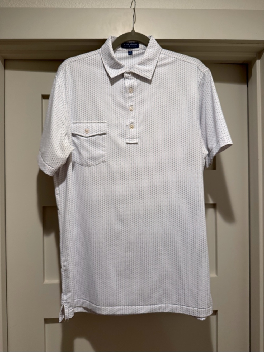 Peter Millar Crown Crafted Men’s Polo Shirt M White Blue Dot Pattern Pocket
